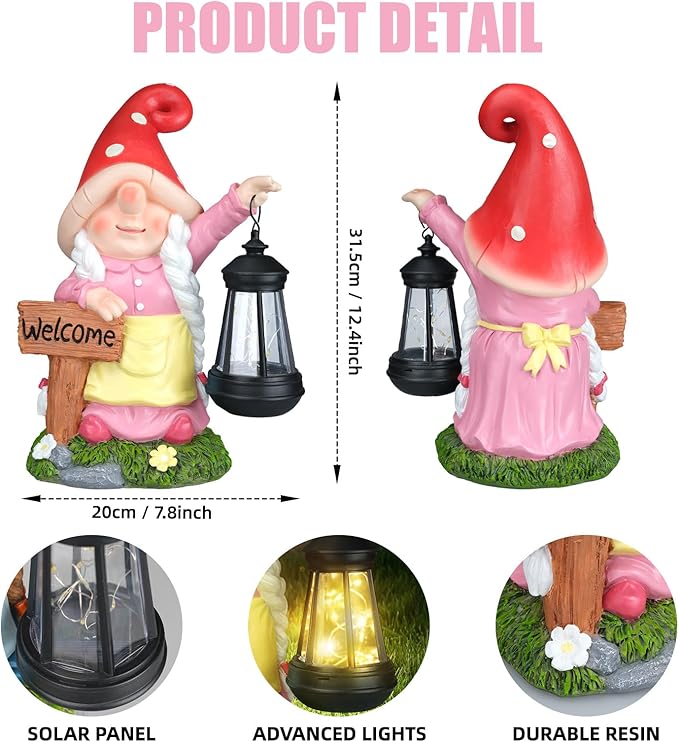 Solar Garden Gnome Statue Holding LED Lantern with Welcome Sign Outdoor Ornaments Waterproof Christmas Decoration for Outside Patio Yard Lawn Decor (Pink)-Ruum Studio Home