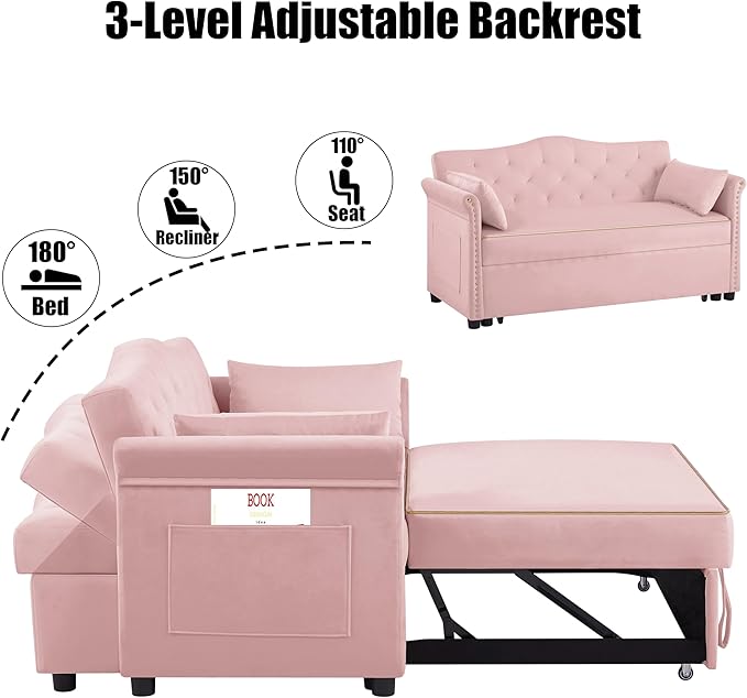 57" Velvet Pull-Out Sofa Bed, 3-in-1 Convertible Loveseat with Gold Trim Strips and Adjustable Backrest, Perfect for Living Rooms, Offices and Apartments (Pink)-Ruum Studio Home