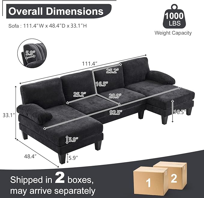 Karl home U-Shape Sectional Sofa Couch 111" Modern 4-Seat Sofa with Chaises Chenille Fabric Upholstered Covertible Couch with Wood Grain Legs for Living Room, Reception Room, Apartment, Black-Ruum Studio Home