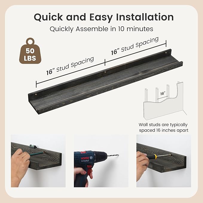 Picture Ledge Wall Shelves - 36 Inch Width Set of 3, Solid Pine Wood Rustic Floating Ledge Shelves for Kids' Room, Bedroom, Kitchen, Bathroom, Living Room, Nursery Display Wall Decor, Grey-Ruum Studio Home