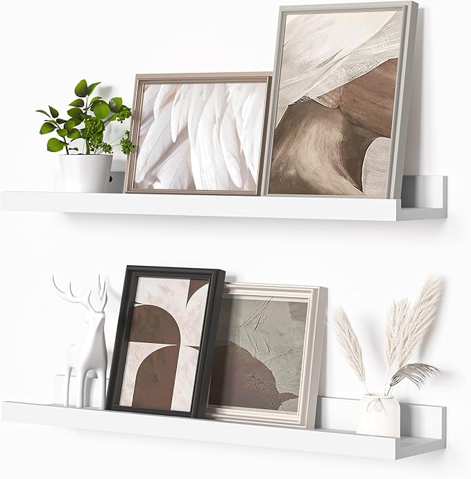 Heimlove Picture Ledge Shelf, Floating Shelves Set of 2, 24 Inches Picture Shelf for Wall with Ledge, Kids Bookshelf Wall Mounted for Living Room Bedroom Decor Books Photo Frames - White-Ruum Studio Home