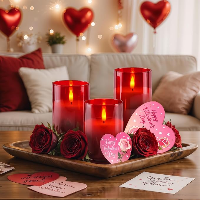 Homemory Red Glass Flameless Candles, Battery Operated LED Pillar Candles with Remote Control and Timer, Radiance Candles, Real Wax, Set of 3,D3 xH4 5" 6"-Ruum Studio Home