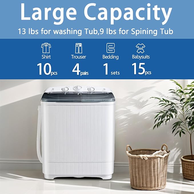 Portable Mini Twin Tub 22lbs Washing Machine With Drying Rack& 10 Hangers, 13lbs Washer & 9lbs Spinner, Small Laundry Washer with Time Control for Camping, Apartments, RV (22lbs)-Ruum Studio Home