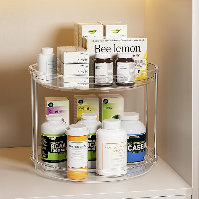 LAMU 2 Pack 2 Tier Lazy Susan Turntable Organizer 9.25'' Rotating Spice Rack Organization for Cabinet, Kitchen, Pantry, Countertop, Bathroom, Vanity, Medicine Cabinet Organizer, Clear-Ruum Studio Home