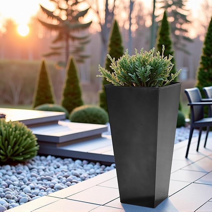 WORTH Garden 25" Large Metal Glazed Planter Set of 2, Luxurious Glossy Finish Black Tall Square Tapered Steel Plant Pots, Decor Flower Pot Indoor & Outdoor, Drainage Hole & Dual-Purpose Plant Saucer-Ruum Studio Home