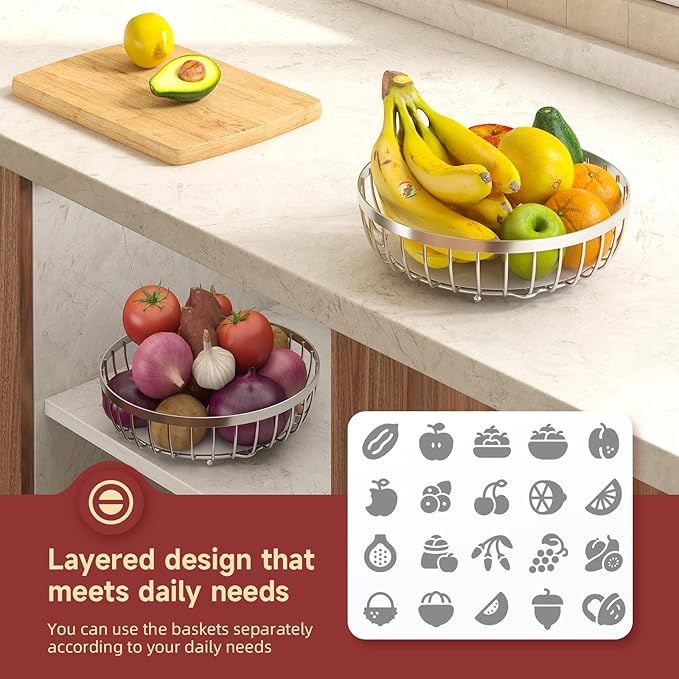 2 Tier Fruit Basket for Kitchen Counter with 2 Banana Hangers, Metal Stackable Fruit Bowl for Kitchen Counter for Bread Vegetable Fruits, Silvery-Ruum Studio Home