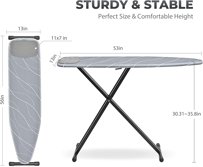 APEXCHASER Ironing Board with Silicon Iron Rest, Heavy-Duty Legs and Heat Resistant Cover, 13x53 inch, Black-Ruum Studio Home