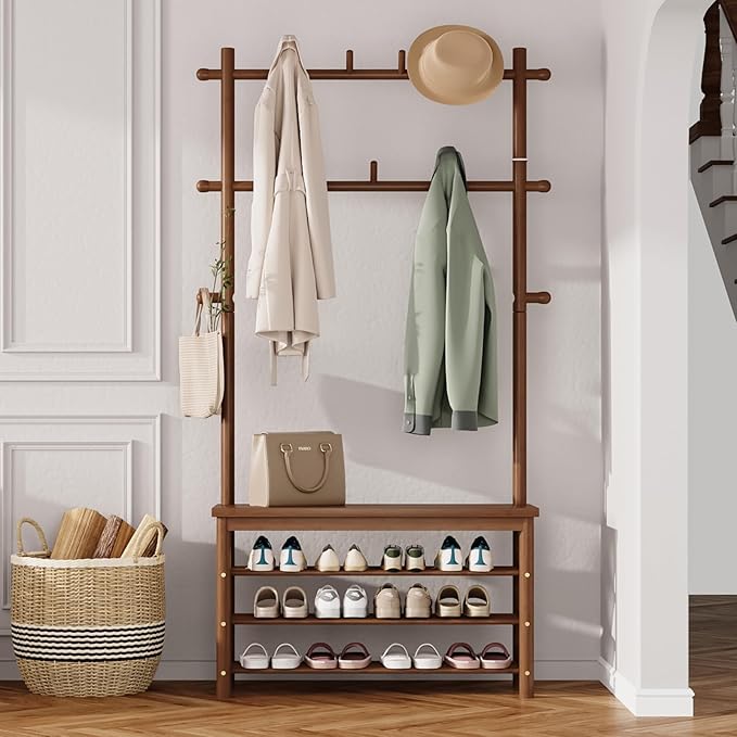 Bamboo Hall Tree with 13 Hook, 6-in-1 Entryway Bench with Coat Rack Freestanding, Coat Rack with Shoe Storage Bench Organizer for Mudroom, Bedroom, All-in-One Shoe Rack,Walnut-Ruum Studio Home