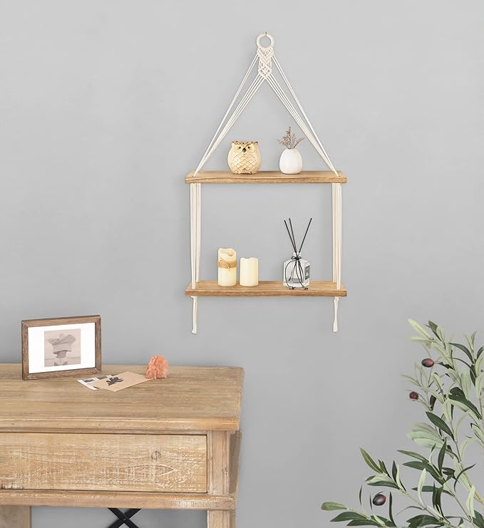 Mkono Macrame Hanging Shelf Boho Wall Decor 2 Tier Handmade Cotton Rope Rustic Wood Floating Shelves Display Photos Plants Hanging Storage Shelving for Living Room Nursery Bathroom Bedroom-Ruum Studio Home