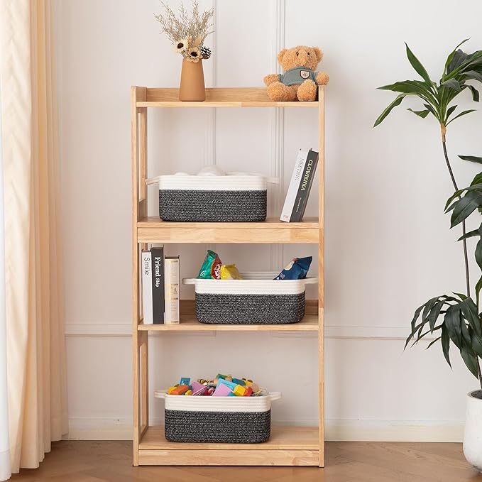 OIAHOMY 3 Pack Storage Baskets for Organizing, Woven Cotton Rope Basket for Shelves, Closet Organizer Bins with Handles, Rectangle Toy Organization, 13.78''×9.84''×5.5'', Black & White-Ruum Studio Home