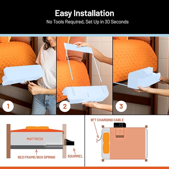 Squirrel-Bedside Perch, Floating Organizer with USB-C & A Charging Ports, Great Bedside Shelfie, Gift for teens and college freshman, for Gamers, Dorm room gifts. Assembly in 1 minute. Light Blue-Ruum Studio Home