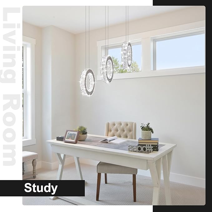 Buccleuch 3-Ring Crystal Chandelier, Dimmable LED Pendant Light Fixture Adjustable Stainless Steel Pendant Light, Silver Crystal Chandeliers for Dining Room, Bedroom, Living Room-Ruum Studio Home