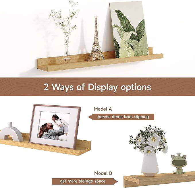 Picture Ledge Shelf for Wall, Floating Shelves Set of 4, 24 Inch Long Nursery Book Shelves for Toys Storage, Kids Bookshelf Wall Mounted for Books Photo Frames, Oak-Ruum Studio Home