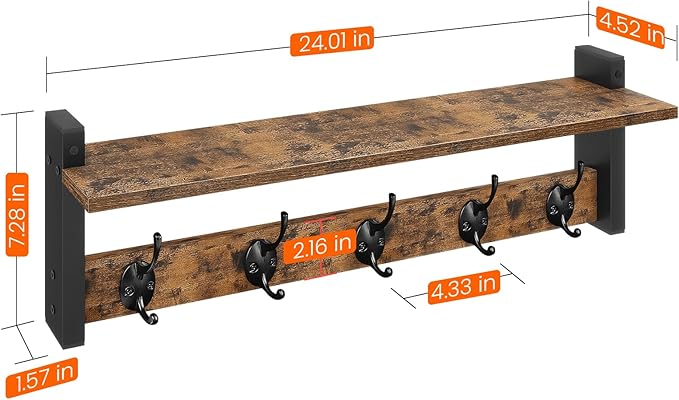Homode Coat Rack with Wall Mount, 24 Inch Long Entryway Wall Shelf with Hooks, Wood Hanger with Storage Shelf for Bathroom, Hallway, Rustic Brown Black-Ruum Studio Home