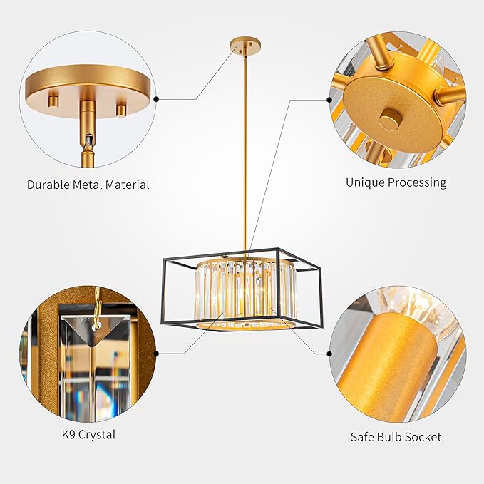 5-Lights K9 Crystal Chandelier, Modern Style Pendant Light Fixture for Dining Room, Bedroom & Living Room, Gold & Black Finish, L16.5 * W16.5 * H12~48 inch (Adjustable Height)-Ruum Studio Home