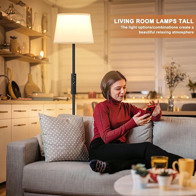 Modern Floor Lamp with Adjustable Brightness, Remote Control, Black, LED Bulbs, White Shade, Foot Switch, Easy Assembly-Ruum Studio Home