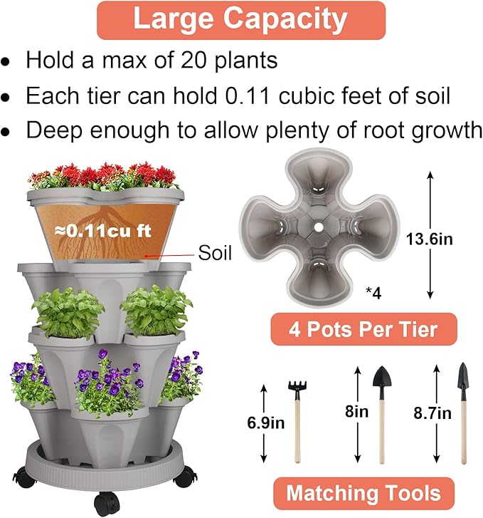 Vertical Planter 4 Tier Stackable Planters Garden Planters Strawberry Herb Flower and Vegetable Planter Indoor Outdoor Gardening Pots with Removable Wheels and Tools 2-Pack-Ruum Studio Home