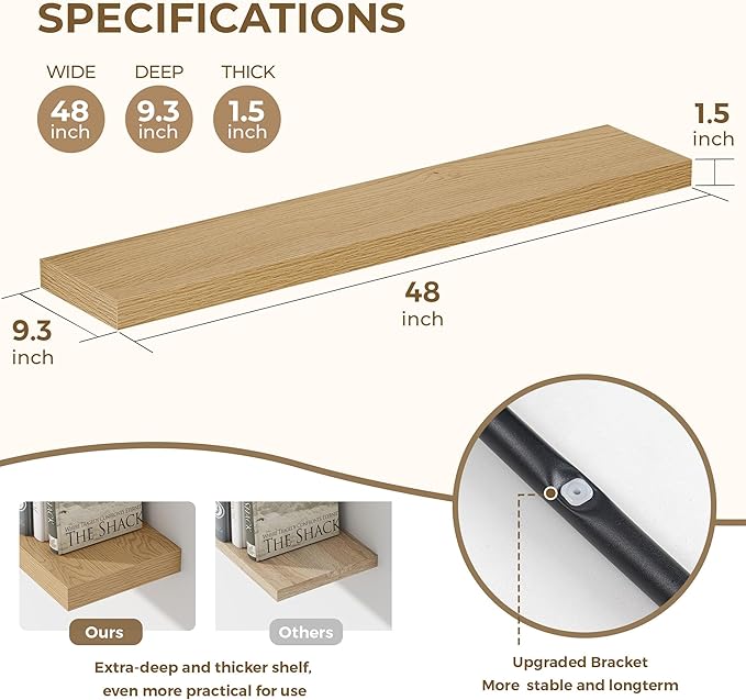 Dreamland 48 Inches Floating Shelves for Wall, 9.3" Deep Long Floating Shelves Set of 1, Large Display & Storage Shelf, Wall Shelf for Bathroom Bedroom Living Room Kitchen Office, Oak-Ruum Studio Home
