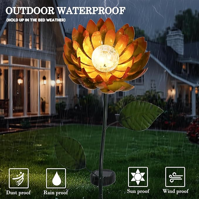 VCUTEKA Solar Garden Lights Metal Flower Decor Colorful Yellow Flowers Solar Pathway Light with LED Cracked Crystal Ball Outdoor Decorative Stake for Patio Yard Lawn-Ruum Studio Home