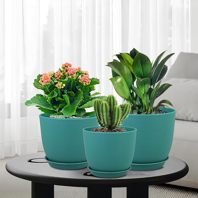Flower Pots 10/9/8 inch, Set of 3 Modern Decorative Plastic Planters with Drainage Holes and Tray for House Plants Indoor Flowers Plants, Plant Pots for Indoor Outdoor Plants, Blue Green-Ruum Studio Home