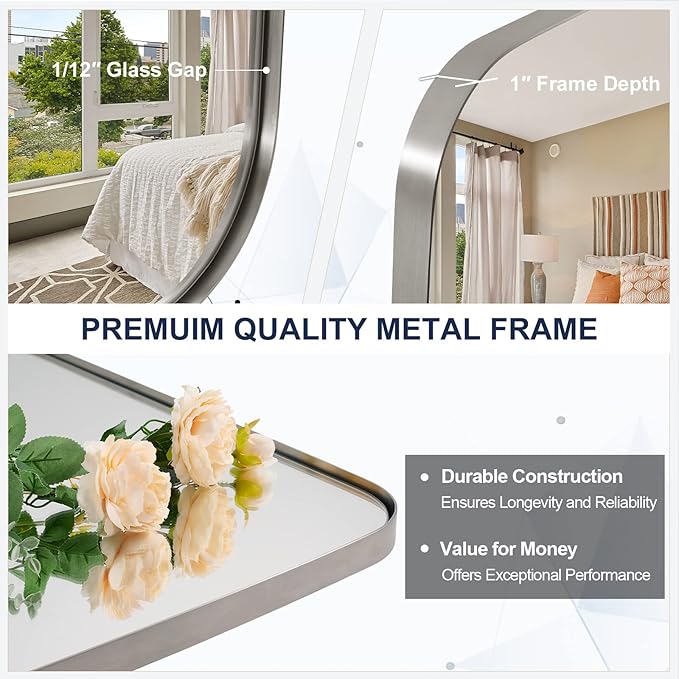 ANDY STAR Brushed Nickel Mirror, 28x36 Inch Stainless Steel Metal Frame Oblong Bathroom Mirror for Vanity, 1’’ Deep Wall Mounted Vertically/Horizontal-Ruum Studio Home