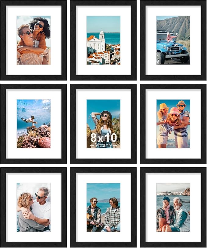 Vittanly 8x10 Picture Frames Set of 9, Shatter Resistant Plexiglass, Display 5x7 Pictures with Mat or 8x10 without Mat, Photo Frames for Wall or Tabletop, Engineered Wood, Black-Ruum Studio Home