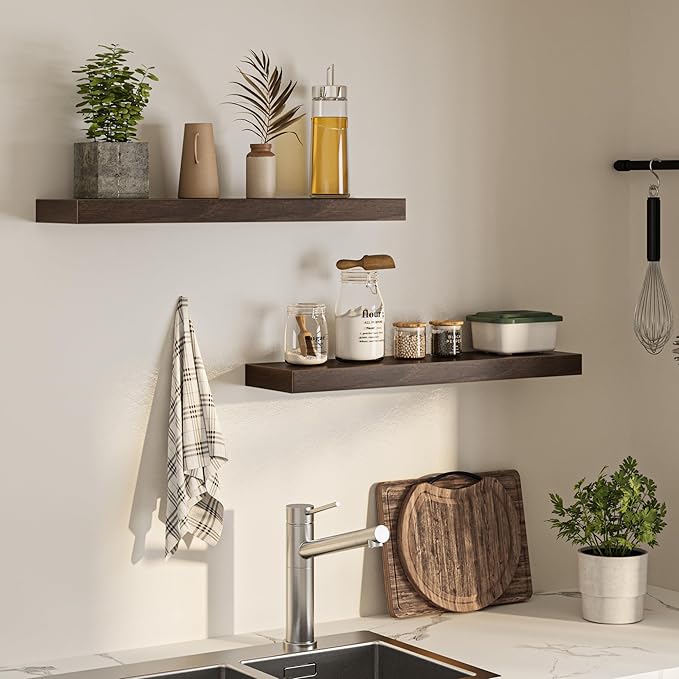 Floating Shelves for Wall, 31.5"W x 6.7"D x 1.5"H, Wooden Wall Mounted Display Shelves with Invisible Brackets for Living Room, Bedroom, Bathroom, Kitchen Decor and Storage, Set of 2, Walnut-Ruum Studio Home