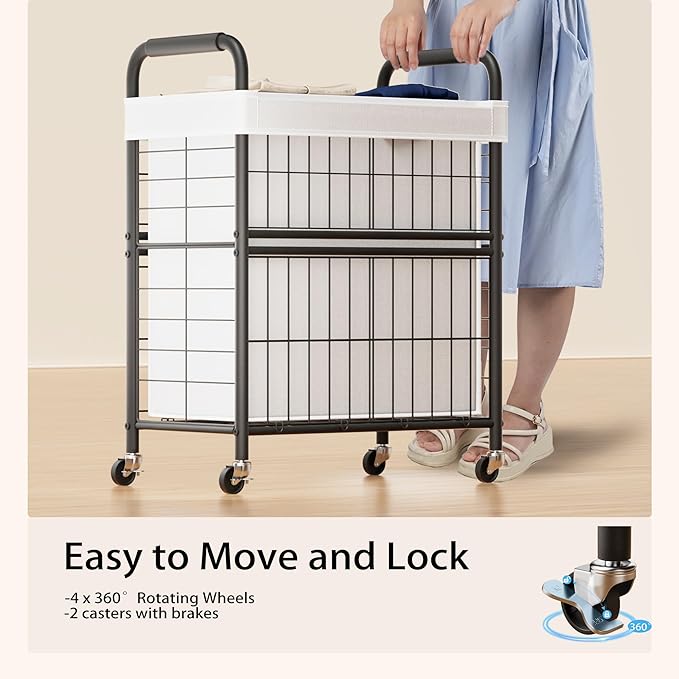 Laundry Hamper 2 Section, 110L Rolling Laundry Sorter Basket with Wheels, 2 Compartment Clothes Organizer Cart, Pull-Out Removable Bags for Laundry Room, Bathroom, Bedroom, White-Ruum Studio Home