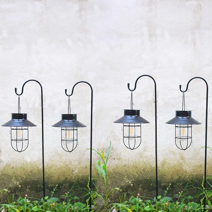 4 Pack Hanging Solar Lantern Lights with Shepherd Hook, Metal Waterproof Warm White Edison Bulb Lights for Garden Outdoor Pathway-Ruum Studio Home