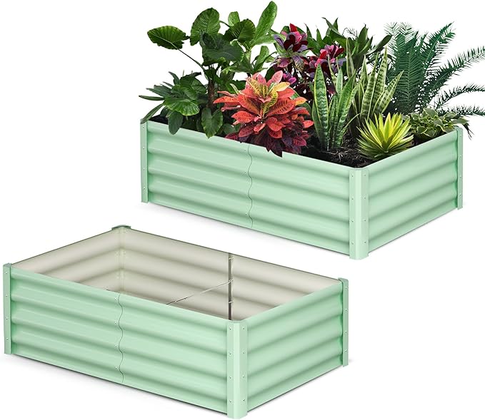 Galvanized Raised Garden Bed Outdoor, 2 Pcs 6x3x1FT Outdoor Large Planter Raised Beds Open Base with Safety Edge and Glove for Vegetables Flowers Ground Planter, Green-Ruum Studio Home