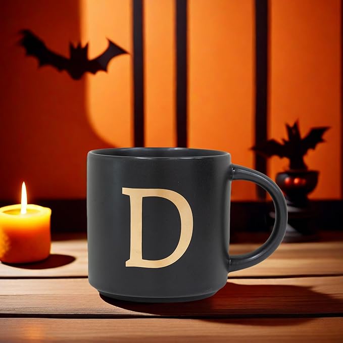 COLLECTIVE HOME - Monogram Ceramic Mugs, 15 oz Golden Initial Black Coffee Cups, Elegant Alphabet Tea Mugs, Elegant Personalized Mug with Gift Box, Unique Mug with Double Side Capital Lette (D)-Ruum Studio Home