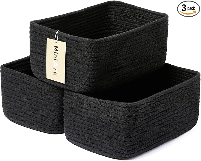 Small Storage Baskets for Organizing | Closet Organizer Bins | Shelf Toy Basket | Woven Rope Baskets | Cube Decorative Box | Shallow Basket | 11.5x7.5x4.7” | 3 Packs Black-Ruum Studio Home