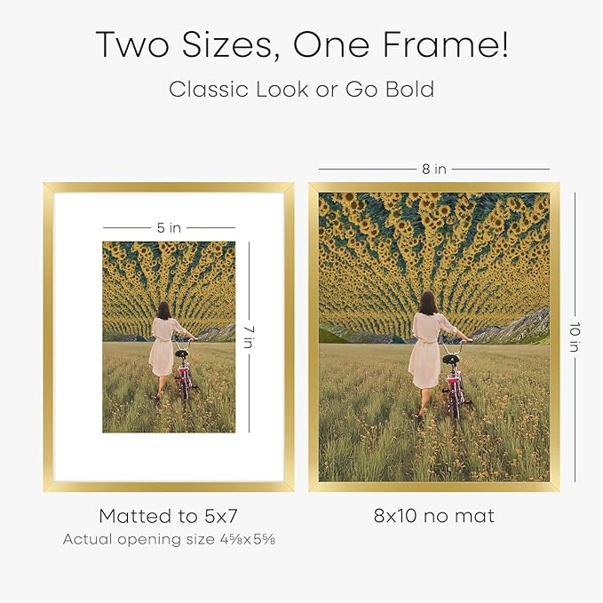 Homeforia 8x10 Picture Frame Gold, High End Metal 8 x 10 Photo Frames with Mat 5 by 7 Art, 10x8 Poster Frame Matted to 5x7 inch Print, 8by10 Wall or Tabletop Frames, Tempered Glass, Wall Kit, Set of 1-Ruum Studio Home