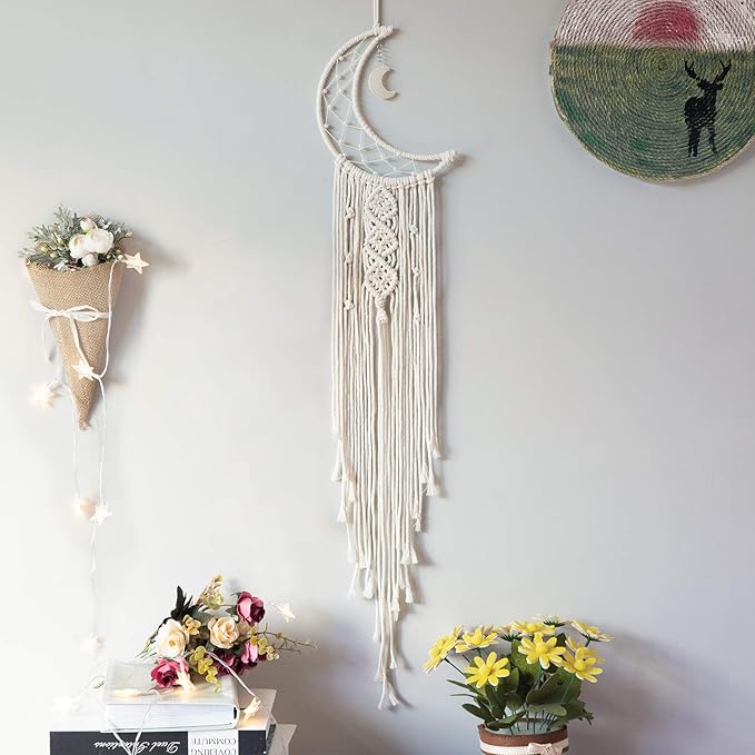 MOONFLY Dream Catcher with Handmade Moon Star Design Woven Cotton Dream Catchers Boho Macrame Wall Hanging Home Decoration Ornament Craft Gift (White Moon)-Ruum Studio Home