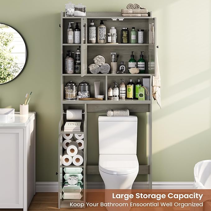 Itaar Over The Toilet Storage Cabinet, Over Toilet Bathroom Organizer with Glass Doors & Toilet Paper Holder Stand, Home Space-Saving Toilet Rack, for Bathroom, Restroom, Laundry, Grey-Ruum Studio Home