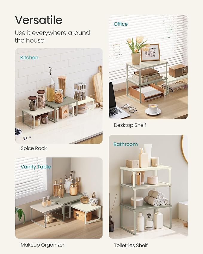 SONGMICS Cabinet Organizer Shelf, Set of 3 Kitchen Counter Shelves, Kitchen Storage, Spice Rack, Stackable, Expandable, Sand Beige UKCS220K01-Ruum Studio Home