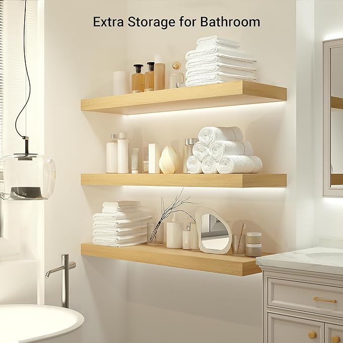 Heimlove 12" Deep Floating Shelves, 36 x 12 Inch Wall Mounted Long Floating Shelf with Invisible Brackets, for Home Decor, Bedroom, Kitchen, Living Room, Bathroom - 1 Pack, Oak-Ruum Studio Home