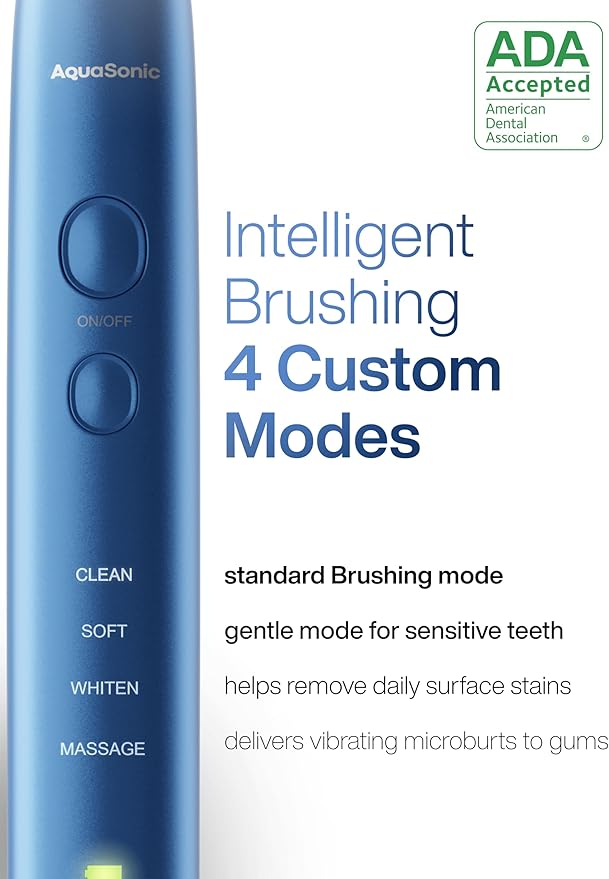 Aquasonic Vibe Series Ultra-Whitening Toothbrush – ADA Accepted Electric Toothbrush - 8 Brush Heads & Travel Case – 40,000 VPM Motor & Wireless Charging - 4 Modes w Smart Timer – Sapphire Blue-Ruum Studio Home