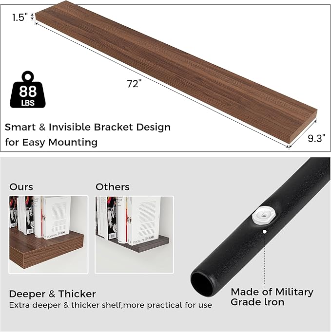 Floating Shelves for Wall, Large Wall Mounted Shelves with Invisible Brackets, Long Wood Floating Shelf for Living Room, Bedroom, Kitchen, (Walnut, 72" W x 9" D x 1.5" H)-Ruum Studio Home
