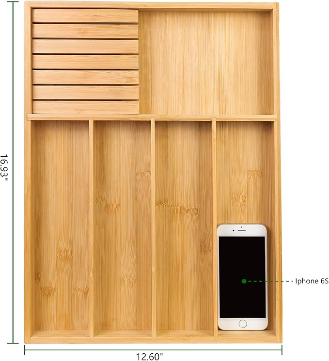 VaeFae Bamboo Silverware Organizer (Non-expandable), Utensil Holder for Drawer, Wooden Cutlery Tray with Divider for Kitchen Drawer, Utensil Organizer with Knife Block-Ruum Studio Home