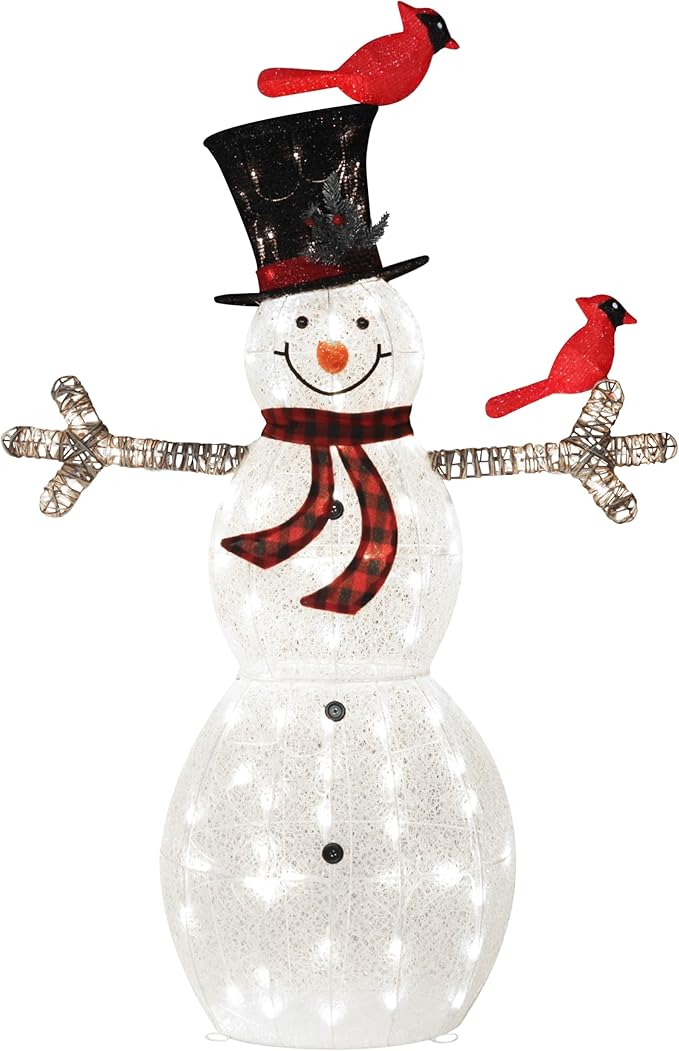 5FT Lighted Snowman with Birds for Christmas Decoration, 3D Pre-Lit Iridescent Snowman Xmas Decor with 90 LED Lights, Glittered Standing Holiday Display for Outdoor, Indoor-Ruum Studio Home