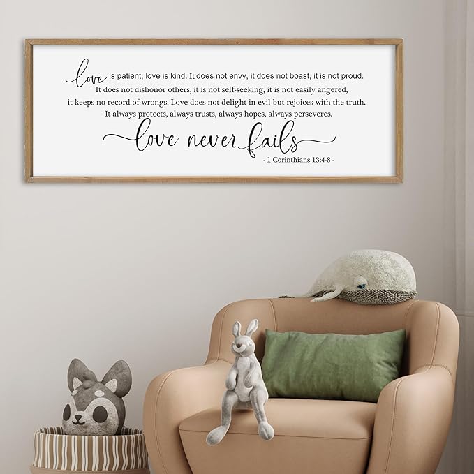 SRSZHIYUE Love is Patient Kind Sign Wall Decor Art 40"×15" 1 Corinthians 13 4-8 Master Bedroom Christian Wood Framed Large Wall Hanging (Wood)-Ruum Studio Home