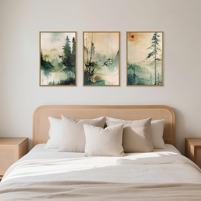 Chinoiserie Nature Framed Canvas Wall Art Set, Mountain and Forest Landscape Painting, Natural Bamboo Pine Tree Lakes Wall Decor for Living Room, Bedroom, Dining Room, Office - 16"x24"x3-Ruum Studio Home