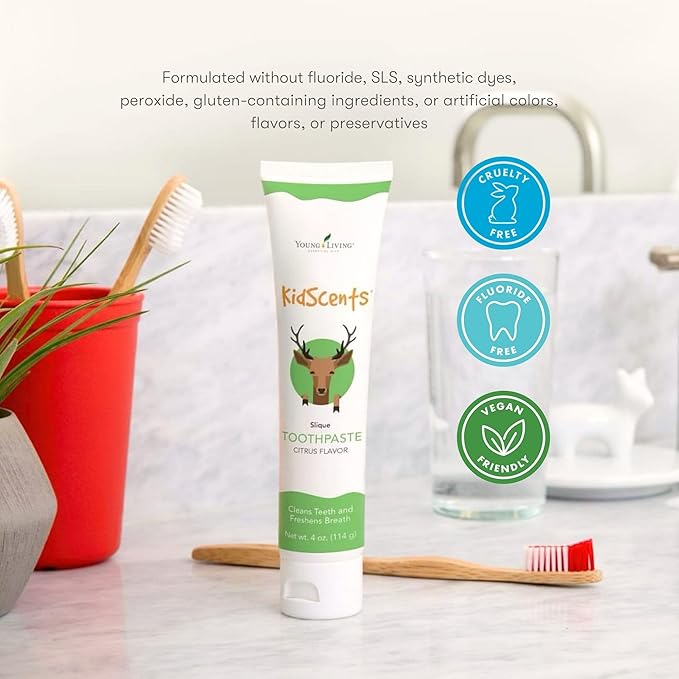 KidScents Slique Toothpaste by Young Living - 4 oz Tube - Gentle Dental Care for Kids - Premium Essential Oils - Citrus-Mint Flavor - Fights Plaque Removes Buildup and Stains - Fluoride and SLS Free-Ruum Studio Home