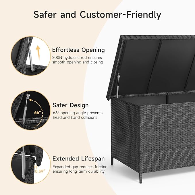 158 Gallon XL Deck Box with Lid, All Weather Wicker Outdoor Storage Box Waterproof, Large Outdoor Patio Storage Bin for Cushions, Garden Tools, Gears, Pool Accessories, Black-Ruum Studio Home