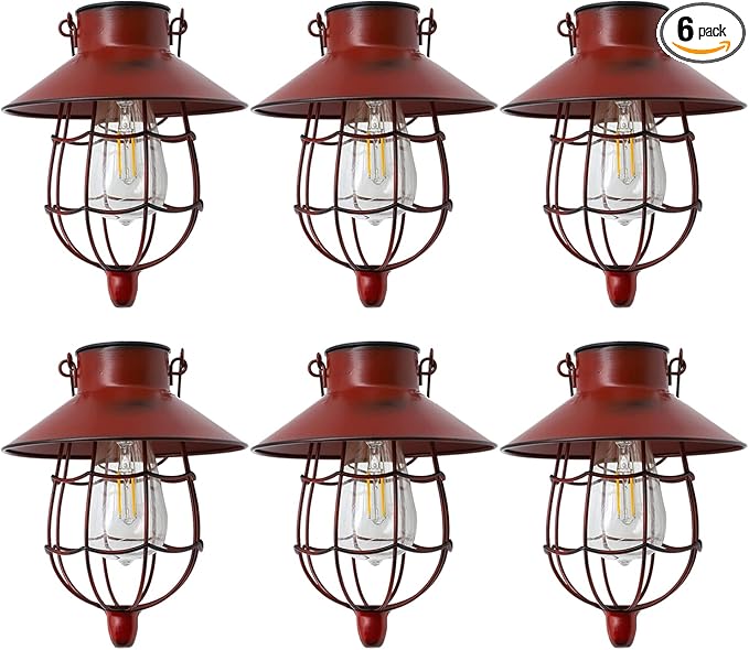 YAKii 6 Pack Solar Lantern Hanging Waterproof Outdoor Metal Solar Lamp with Warm White Light Decorate for Yard Garden Pathway Patio Porch (Red)-Ruum Studio Home