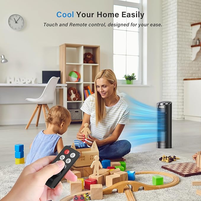 Tower Fan Bladeless with 3 Speeds, 4 Mode [AI, Normal, Natural, Sleep], Table Fan 80° Oscillation, Touch Screen + Remote Control, 12H Timer, 13" Desk Fan for Bedroom Home Office Desktop-Black-Ruum Studio Home