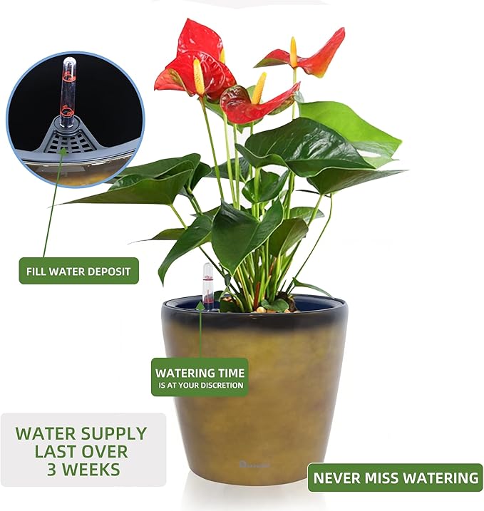 Dexceder 9x8 Inches Self Watering Planter Indoor Outdoor, Inner Pot Design, Thickened Table Flower Plant Pot with Water Level Indicator (Yellow Brown Gradient)-Ruum Studio Home