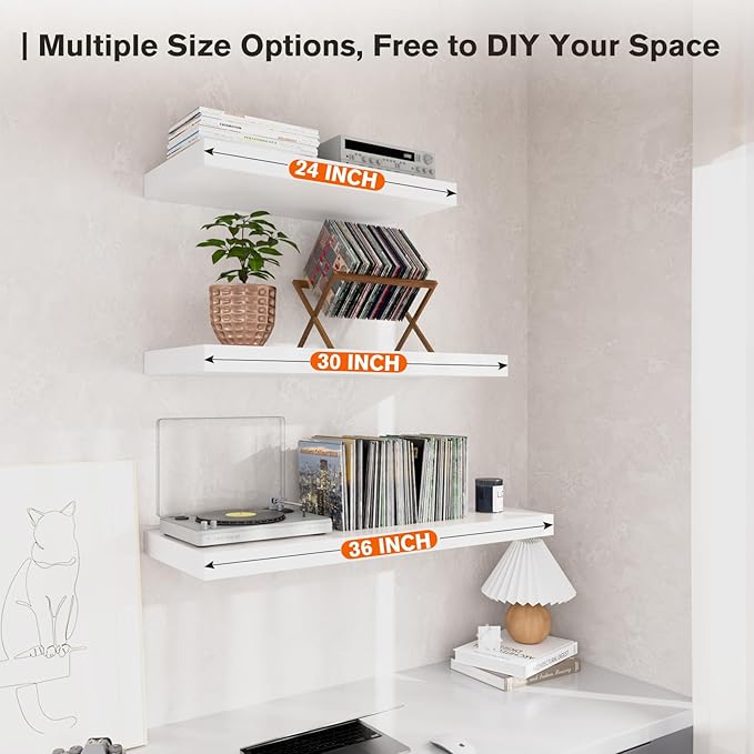 Large Floating Shelves for Wall Set of 2 Wooden Wall Shelves 24 in x 12.75 in x 2 in Room Decor Long Shelf with Invisible Wall Mount Bracket for Bedroom Kitchen Living Room White-Ruum Studio Home