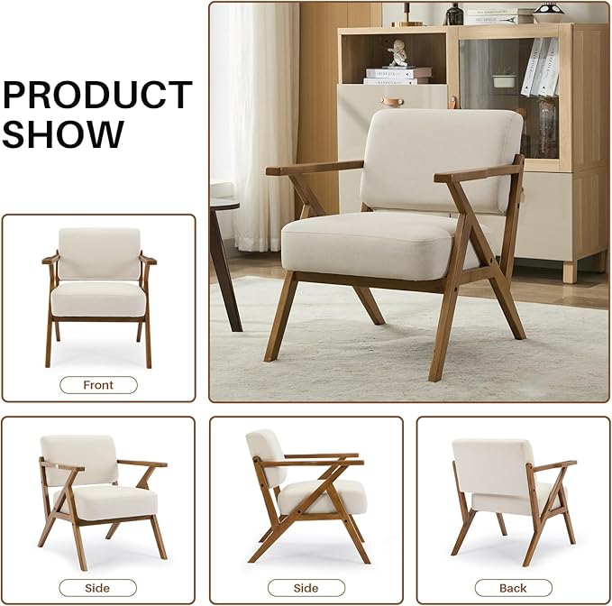 Mid-Century Modern Chair Upholstered Lounge Arm Chair with Solid Wood Frame Thicker Cushion for Living Room, Reading, Balcony, Beige Linen-Ruum Studio Home